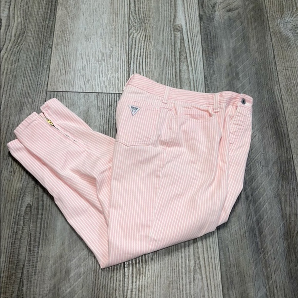 Dreamy Vintage 80s High waisted pink white striped Guess Jeans zipper ankle